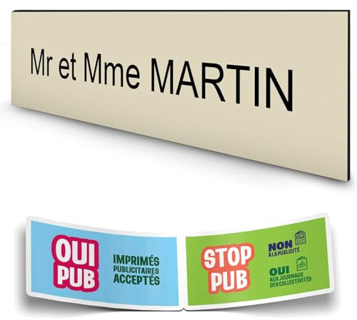 DECOHO - Plaque boite aux lettres personnalisée adhésive 100x25mm - beige lettres noires - 1 ligne gravure laser + Stickers Stop Pub - Beige