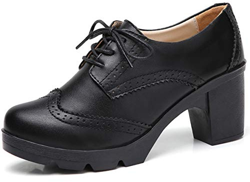 DADAWEN Women's Leather Classic Lace Up Platform Chunky Mid-Heel Square Toe Oxfords Dress Pump Shoes Black US Size 7