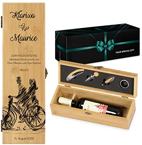Maverton Weinbox für 0,7L Weinflasche - Wein Holzbox personalisiert + 4er Weinzubehör - Weinset Weinkiste - aus Bambus - Braun - Geschenk zur Hochzeit Paare - Liebe