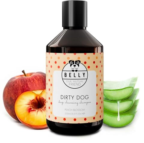 Belly Hundeshampoo gegen Geruch – Veganes Dog Shampoo mit Pfirsichblüte & Kamille –250ml– pH-neutral, silikonfrei – Feuchtigkeitsspendendes Shampoo für Hunde & Welpen – Made in Germany