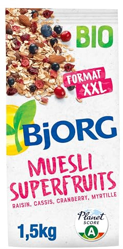 BJORG - Muesli Superfruits Bio - Raisin, Cassis, Cranberry, Myrtille - Aux Céréales Complètes - Sans Sucres Ajoutés - Format XXL - Sachet de 1,5 kg