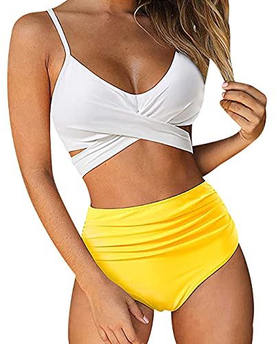 High Waisted Bikini Set 2 Piece Swimsuit Women Bikinis Sets Padded Swimming Costume for Women Ladies Trikini Swimsuit Floral High Waist Bandeau Bikini Push Up Plus Size Beach Surf Swimsuits White M