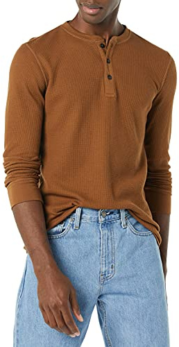 Amazon Essentials Haut Henley Tissu Nid d’Abeille à Manches Longues Coupe Ajustée Homme, Brun Clair, L