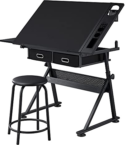 costoffs Adjustable Height Drafting Table Drawing Table Art Desk for Artist with 2 Drawers and Tiltable Tabletop, Black Artist Table with Stool for Painting/Crafting/Work/Study