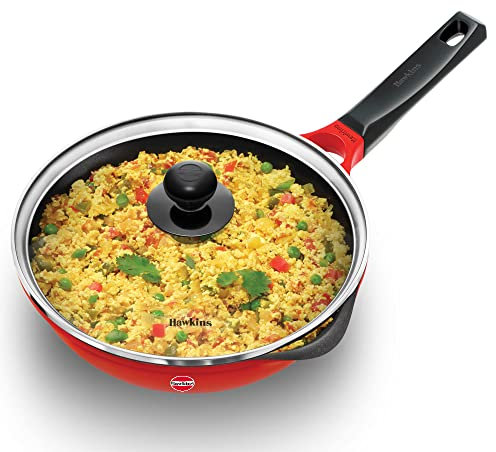 HAWKINS 24 cm Die Cast Induction Compatible Frying Pan with Glass Lid, Red (IDCF24G)