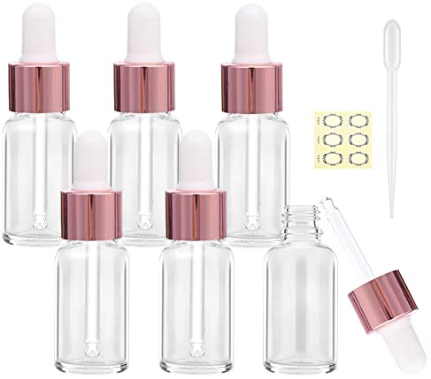 Alledomain 6 st, 10 ml genomskinliga glasflaskor med pipetter, mini tomma droppflaskor roséguld aluminiumlegering lock påfyllningsbar provbehållare för eteriska oljor/massageoljor/kemisk vätska
