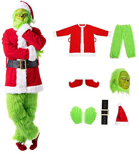 Applysu Adult Costume Set 7PCS, Halloween Christmas Costume for Men Women Deluxe Furry Adult Santa Suit Outfit