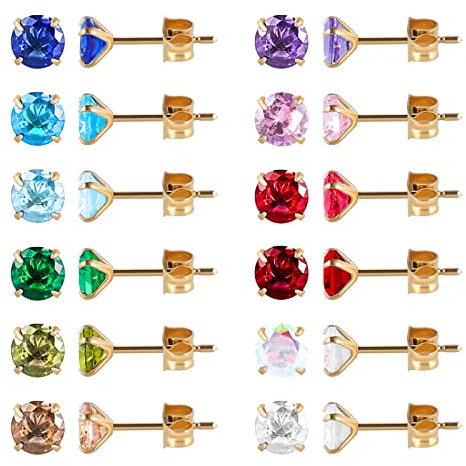 Lot de 12 paires de boucles d'oreilles à tige en acier inoxydable chirurgical plaqué or 18 carats, étoile en forme de cœur en forme de larme, pierre de naissance carrée en oxyde de zirconium