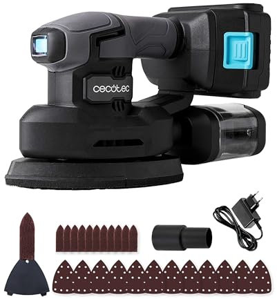 Cecotec Lijadora Eléctrica Orbital a Batería 21V y 2000mAh PerfectSurface 2120 Delta. Forma de Delta, Accesorio FingerDetail, 12 Recambios, Depósito de Polvo, Conexión para Aspirador, 28000vibr/min