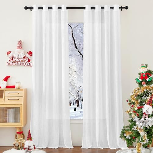 PONY DANCE Gardinen Wohnzimmer Modern Vorhänge Leinenoptik 2 Stücke H 220 x B 140 cm Vorhang Weiss Halbtransparent Leinen Gardine mit Ösen Schlafzimmer