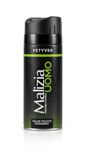 Malizia Uomo Vetyver Eau de Toilette Deodorant Spray 150 ml – Herrdeodorant med Vetiver, Frisk Träig Doft, Tillverkad i Italien