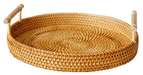 Bandeja De Servicio Redonda De Ratán Con Asas, Cestas De Pasteles De Pan Tejido Cesta De Servicio De Mimbre Para Desayuno Bebidas Merienda Mesa De Café Decoración Para El Hogar(L)