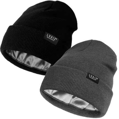 Lvaiz Hats 2 Pack Satin Lined Beanie Hats for Men Women Winter Warm Knitted Cuffed Silk Lined Slouchy Skull Cap, Black+Dark Grey, One Size