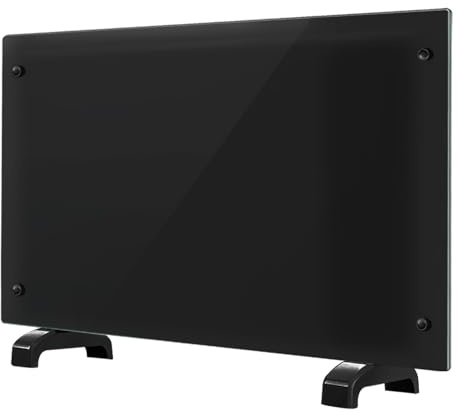 Electric Heater Glass Panel Radiator - Ultra Slim (11cm) - 1Kw-2Kw - Adjustable Thermostat - Wall Mountable or Free Standing - Wall Bracket Included, Black (2000, Watts)