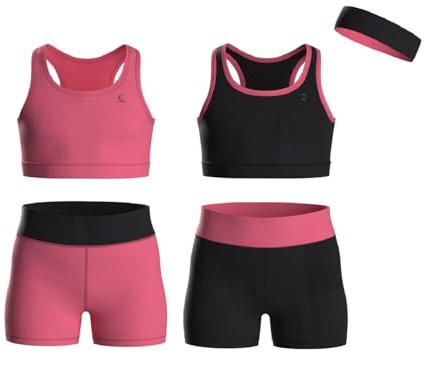 Essenclo Girls Clothing Athletic Sets Sleeveless Crop Tank Tops & Bike Shorts Cheer, Gymnastics, Volleyball Size 3-16 (5 Pcs) - E2108 - Set-2-9-10