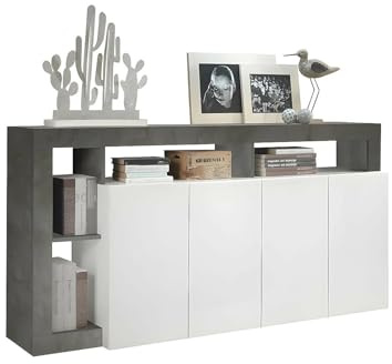 Vente-unique - Buffet SEFRO - 4 Portes et 4 niches - Blanc laqué et béton