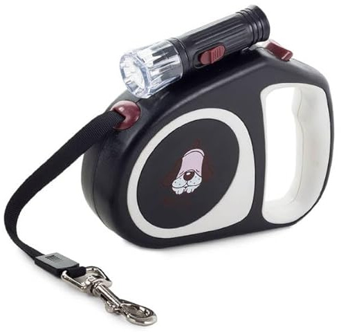 Guinzaglio Retrattile con Torcia Luce LED, Lunghezza Max 5 Metri, Cani Gatti Animali Taglia PICCOLA o MEDIA fino a 15 Kg, Tasto di Blocco Frenata, Resistente Lunghe Passeggiate (Luce Nero)