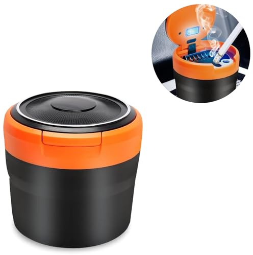 Posacenere per auto con coperchio, portatile e antiodore, senza fumo, ignifugo, rimovibile, con luce LED automatica, per auto, ufficio, furgoni, all'aperto, campeggio (arancione)