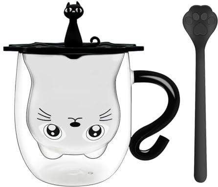 Afitdon Taza de Café de Doble Pared, Taza de Café de Doble Pared con Gato de 280 ml con Cuchara, Taza de café de Gato con Capacidad para Latte Macchiato, Taza de Capuchino, Regalos para amigos