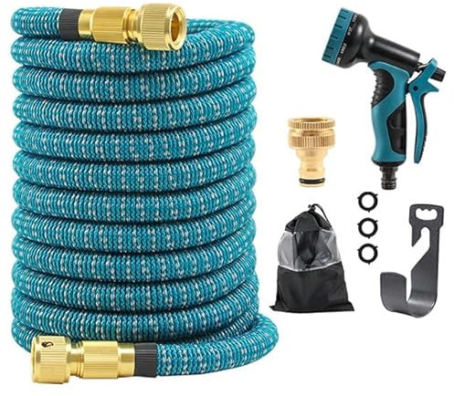 Expanding Garden Water Hose 100FT/30M with 10 Function Nozzle - 3/4 & 1/2 Sold Brass Fittings with Upgraded Durable 4 Layer Latex Hose - Easy Storage Garden Hose (Blue, 100FT/30M)