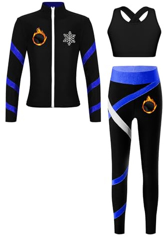 HULIJA Kinder Mädchen Eiskunstlauf Bekleidung Set Langarm Sport Mantel mit Fleece + Hose Lang Sportanzug Training Jogging Gymnastik Schwarz Blau 146-152