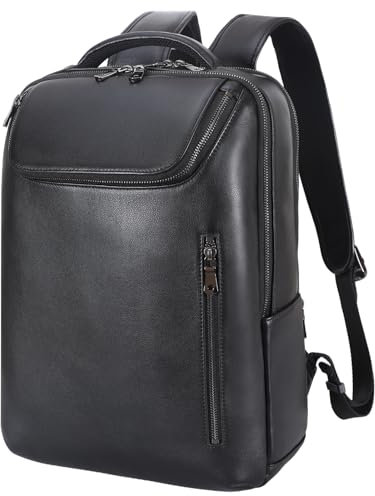 TIDING Leder Laptop Rucksack 15,6 Zoll Business Lederrucksack Schulrucksack Büro Laptoptasche Daypack für Damen und Herren, Schwarz