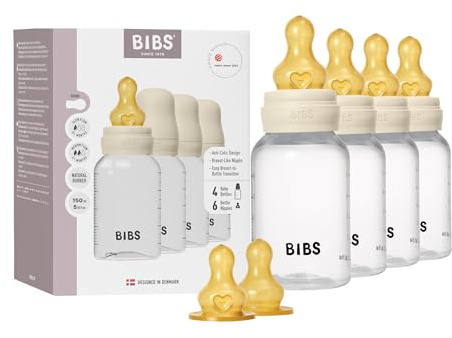 BIBS Baby Plastic Bottle 4-Pack 150ml. Anti-Colic. Vented Round Natural Rubber Latex Teat. Supports Natural Breastfeeding, Complete Set - 150 ml (Pack of 4 + 2 Extra Teats), Ivory
