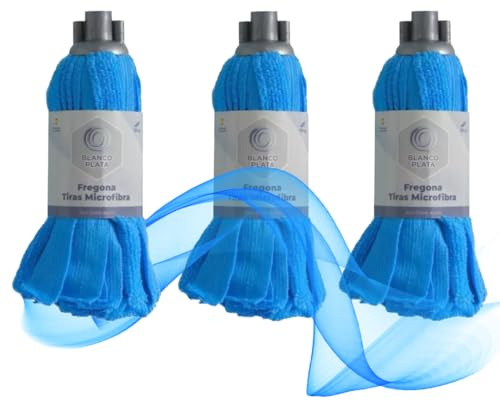 Fregona Microfibra BlancoPlata Tiras 100%|Pack 3 Unidades | Super Absorbente | Gran Poder de Secado | Resistente y Duradera | Rosca Universal | Doble acción por un Lado Limpia y por el Otro Seca