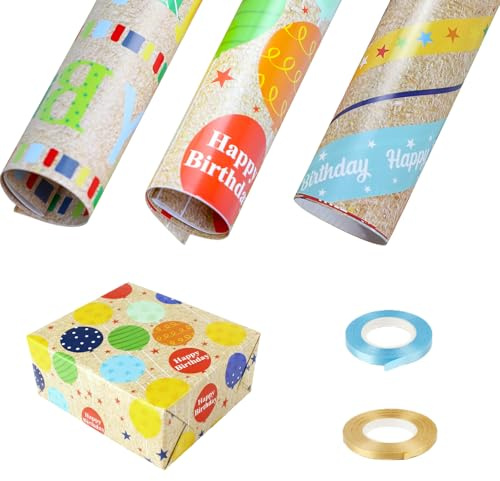 Birthday Wrapping Paper – 9 Sheets Rainbow Balloon Gift Wrapping Paper Set with 3 Designs, 3 Sheets Each, Plus 2 Rolls Ribbon, Perfect for Men, Women, Kids Birthday Parties and Festivals