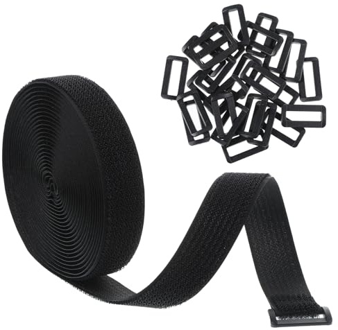 1 x 16ft Hook and Loop Straps with 25 Metal Buckles, Adjustable Fastening Cable Straps, Black Reusable Fastening Cable Ties, Adjustable Multi-Purpose Cable Straps for Organizer or Storage