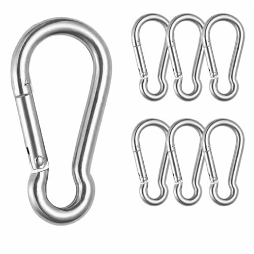 6 pcs Mosquetones Grandes de Acero Inoxidable INOX – 80 x 40 mm, Grosor 8 mm (M8) – Ganchos Metálicos con Cierre de Muelle para Cadena, Cuerda Gruesa, Taller, Jardín y Ferretería
