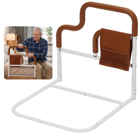EULEUY Barre de lit réglable âgées, Hauteur Ajustable 32–54,5cm (Orange) | Acier robuste, support 200kg, poignée confort avec poche rangement, pour seniors et femmes enceintes, montage sans outil