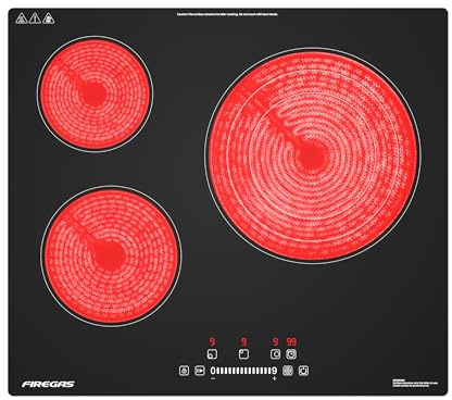 FIREGAS Glaskeramik Einbaukochfeld 59 cm, Autarkes Kochfeld mit 3 Kochzonen, 5900 W, 9 Leistungsstufen, Ohne Stecker, Für alle Kochgeschirre geeignet