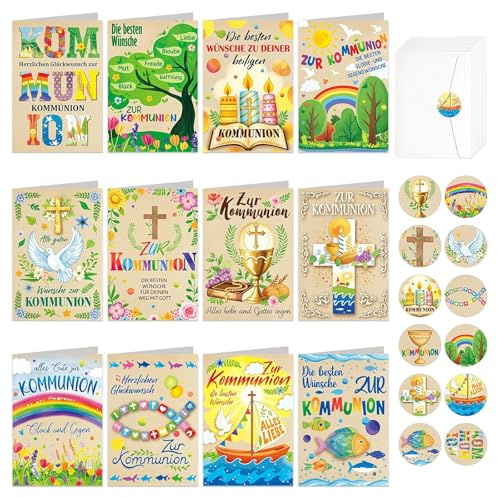 12 Cartes De Première Communion Avec Enveloppes Et Autocollants, Cartes Pliables De Félicitations Pour Garçon Et Fille, Idéales Comme Souvenir Et Cadeau Pour La Célébration De La Sainte Communion