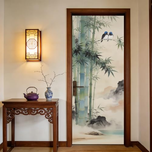 arricraft 2 hojas de pegatinas autoadhesivas para puerta, 80 x 200 cm, bambú verde con pájaros, pintura de tinta, murales de puerta, calcomanías de PVC, papel tapiz extraíble, decoración para