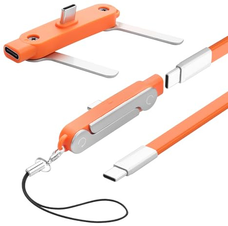 YACSEJAO 1,5 m avtagbar 2-i-1 USB C-laddningskabel med dolt stativ 240 W 90 grader USB C till USB C silikonkabel med mobiltelefonstativ, för bärbara datorer, spel, kontor, bil, resor (orange)