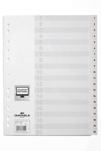 Durable Zahlenregister (A4, mit Deckblatt, geprägte Taben 1-20, PP Universallochung) 20 Stück, weiß, 616302