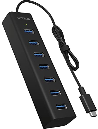 ICY BOX IB-Hub1700-C3 7-fach USB Type-C Hub mit 7x USB 3.0 (Type-A) Anschlüssen und Netzteil, integriertes Kabel, Aluminium, schwarz