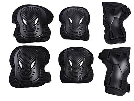 QUUPY 6 in 1 Adult Knee Pads Elbow Pads Wrist Guards Protector Protective Gear for Ice Roller Skating Cycling Riding Scooter Skateboard Light Weight With Adjust Wraps