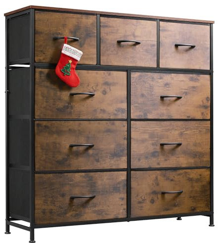 WLIVE 9-Drawer Dresser, Fabric Storage Tower for Bedroom, Hallway, Entryway, Closet, Tall Chest Organizer Unit with Fabric Bins, Steel Frame, Wood Top, Easy Pull Handle, Rustic Brown Wood Grain Print