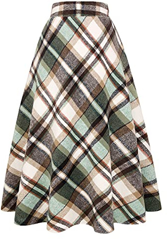 Christmas Dresses for Women Fall Winter Wool Tartan Corduroy Dress Plaid Long Skirt (Medium, Green 02)