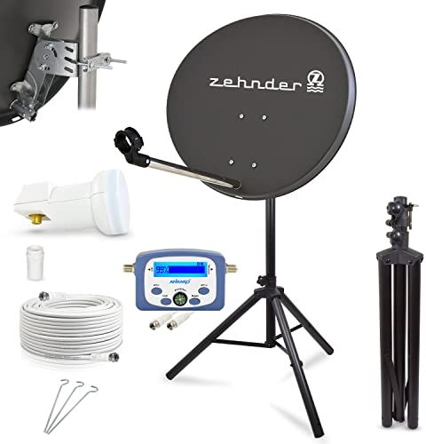 Digitale Camping Sat Anlage Spiegel 60 cm Single LNB 0,1 dB + 10m Kabel + Sat Finder + Dreibein Stativ Kabel Balkon Caravan Mobil Schüssel Antenne HD UHD 4K geeignet d