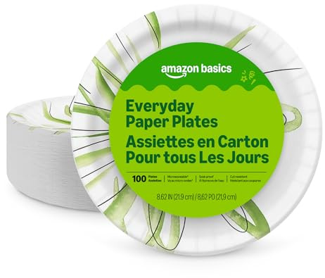 Amazon Basics Everyday Disposable Paper Plates, 8.62 Inch, Microwave-Safe, Cut Resistant, Soak-Proof, 100 Count, Packaging May Vary