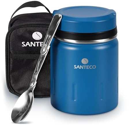 SANTECO Thermobehälter für Essen 500ml, 18/8 Edelstahl Warmhaltebehälter Speisegefäß für Essen mit Löffel und tragbaren Isolierbeutel, 24 Stunden Kalt (blau)