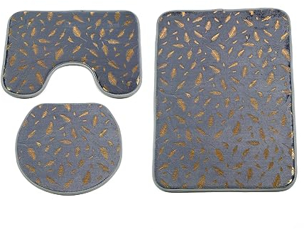 Euro Tische Badteppich Set rutschfest & waschbar bestehend aus WC Vorleger, Deckelbezug & Badvorleger - Badgarnitur 3-teilig (Grau-Gold)