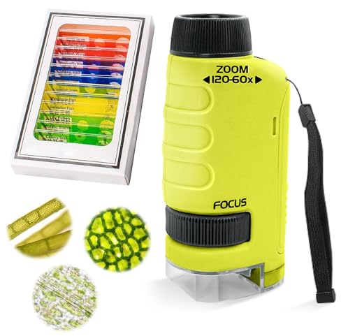 Juguetes de Microscopio de Bolsillo para Niños, 60x-120x Mini de Mano Con 12 Portaobjetos, Iluminación Led, Portátil, Juguetes Experimentales