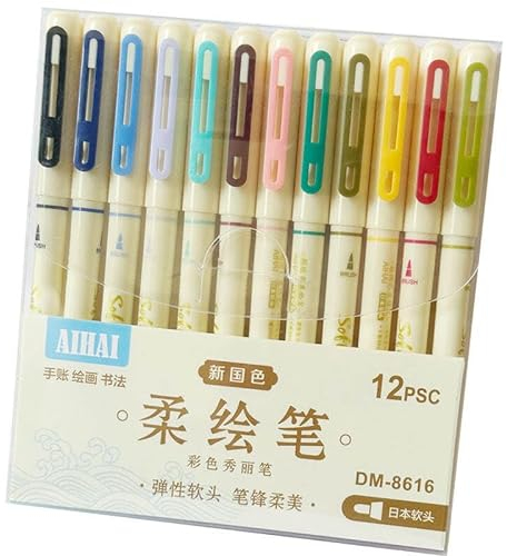 Dacono 12 Farben Faserschreiber mit Flexibler Bürstenartiger Tipp Schwarz, Kunstschild Pinselstifte, Pinselähnliche Spitze, Filzstifte für Erwachsene Zeichnen & Kunstprojekte, Pinsel Schriftzeichne