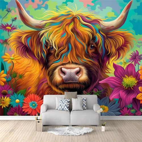 Colorful Background Wall Mural - 300 x 210 cm Animal Highland Cattle and Flowers Photo Wallpaper for Boys' Bedroom, Living Room, Playroom, Nursery, Teen Room, Kids' Photo Mural Wall Art