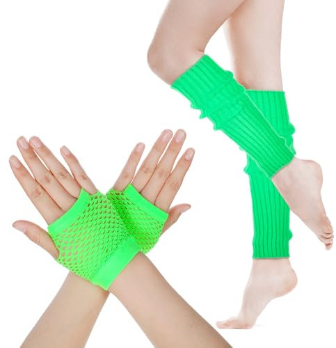 Xthrotsenk 2 Paar Neon Strick-Beinstulpen und Netzhandschuhe, 80er-Jahre-Neon-Handschuhe aus dehnbarem Netzgewebe für Frauen und Mädchen, Sport, Yoga, Kostümparty (Grün)