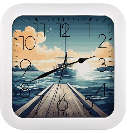 Horloge murale carrée moderne sur le thème du paysage marin - Silencieuse - Sans tic-tac - Horloge de bureau silencieuse - Horloge murale blanche pour salon, chambre à coucher, cuisine, maison